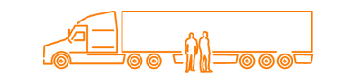 Line drawing of a semi truck with two people standing beside the truck.